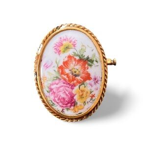 Vintage Limoges France Hand Painted Floral Porcelain Brooch Gold Tone